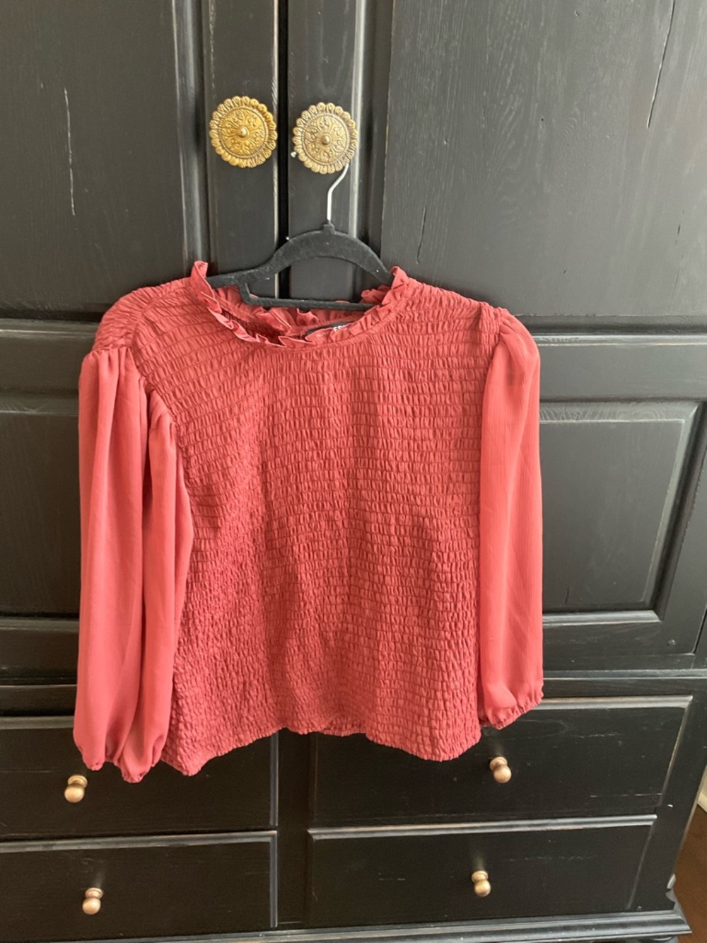Express Smocked Ruffle-Neck Blouse in Coral